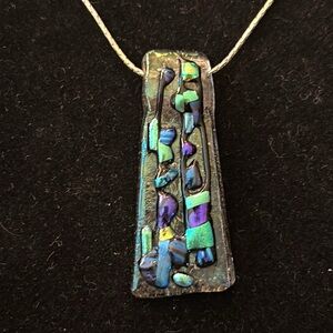 Iridescent & Clear Glass Pendant Necklace with Silver Tone Chain.  Artisan Made